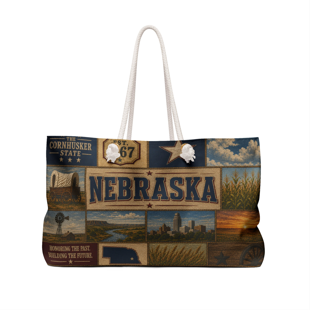 Nebraska Weekender Bag Cornhusker State Faux Patchwork Travel Tote Honoring the Past Building the Future Souvenir Gift