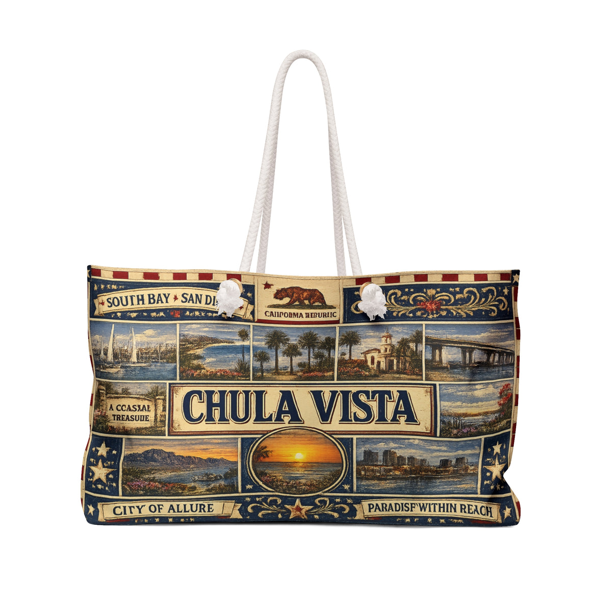 Chula Vista California Weekender Bag South Bay San Diego Faux Patchwork Travel Tote Coastal Paradise Getaway Gift