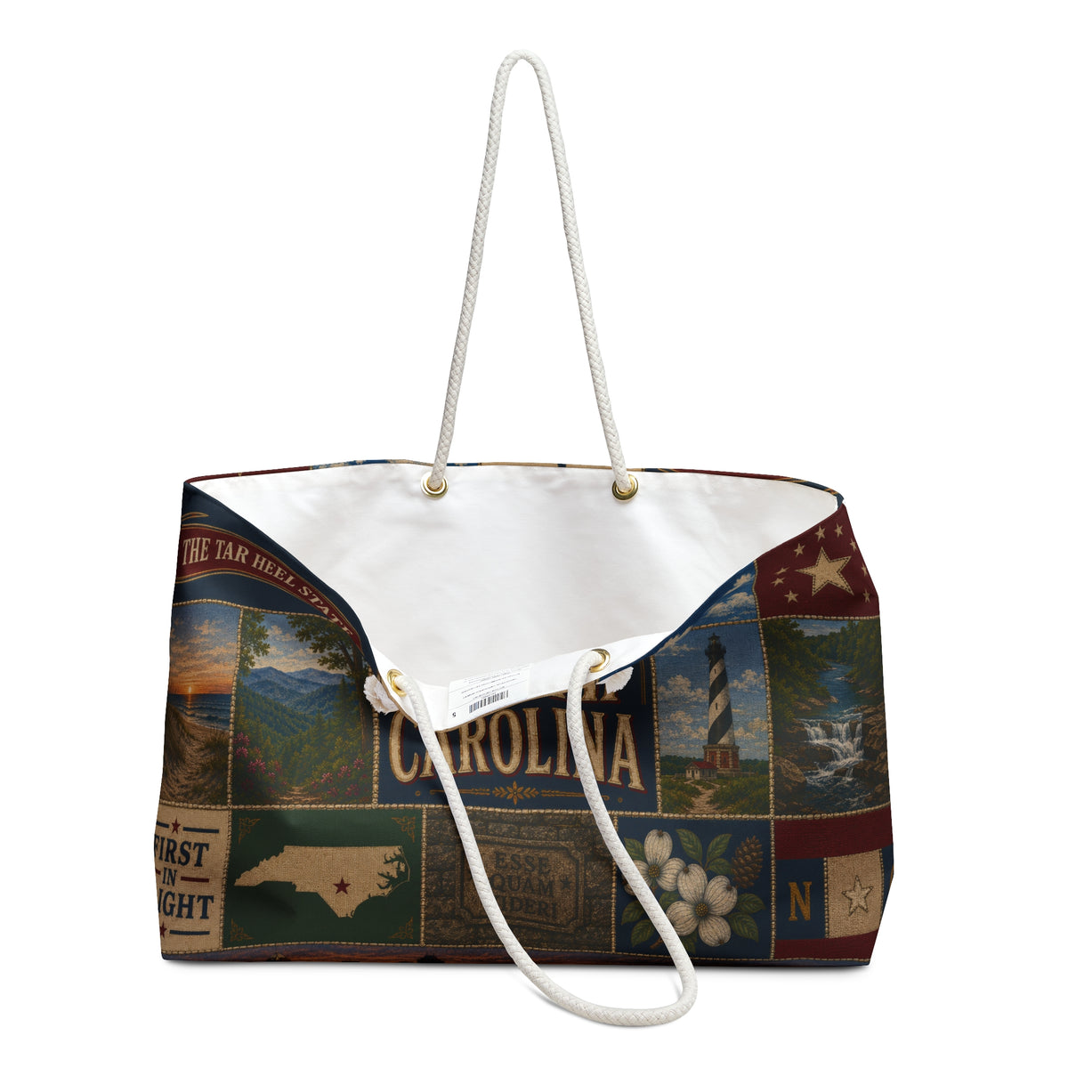 North Carolina Weekender Bag First in Flight Faux Patchwork Travel Tote Tar Heel State Vintage Souvenir Gift