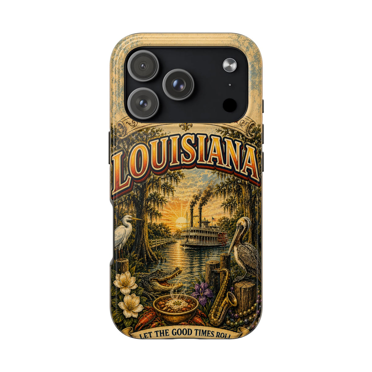 Louisiana Bayou State Faux Patchwork Phone Case – Vintage Travel Poster Style Louisiana Souvenir Cover for iPhone & Samsung