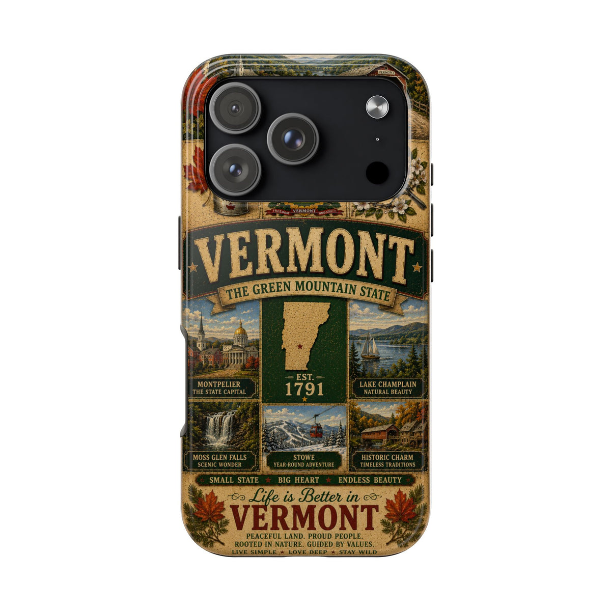 Vermont Faux Patchwork Phone Case The Green Mountain State Vintage Travel Poster Retro State Pride Cover Est 1791