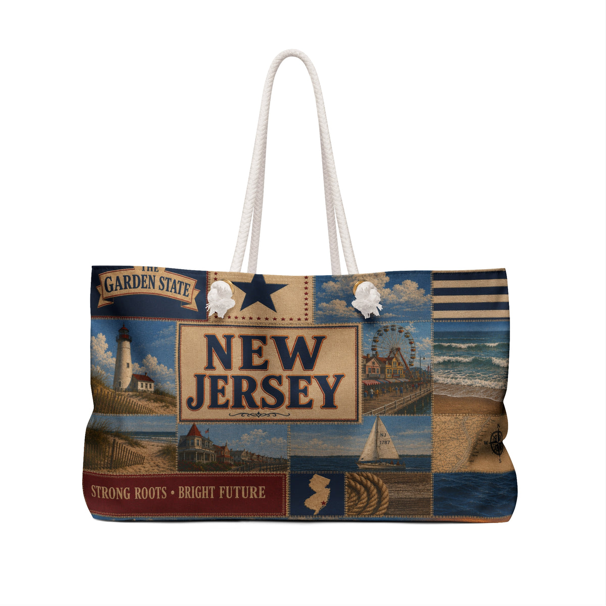 New Jersey Weekender Bag Garden State Faux Patchwork Travel Tote Jersey Shore Coastal Beach Vacation Souvenir Gift