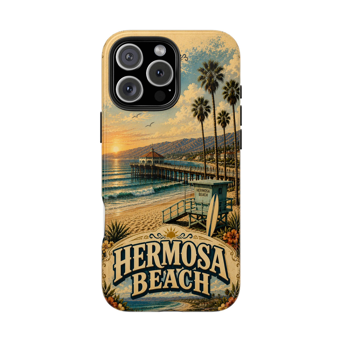 Coastal Pier Faux Patchwork Phone Case – Sunset Waves & Surf Retro California Beach Art Cover