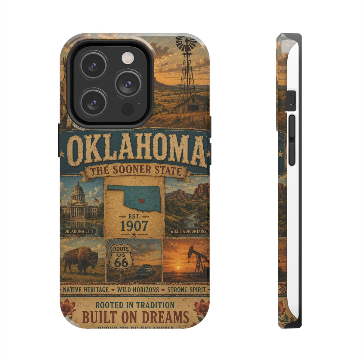write me a title and product description for this United State phone case with Slogan  "Oklahoma Faux Patchwork Phone Case The Sooner State Vintage Travel Poster Retro State Pride Cover Est 1907"...
