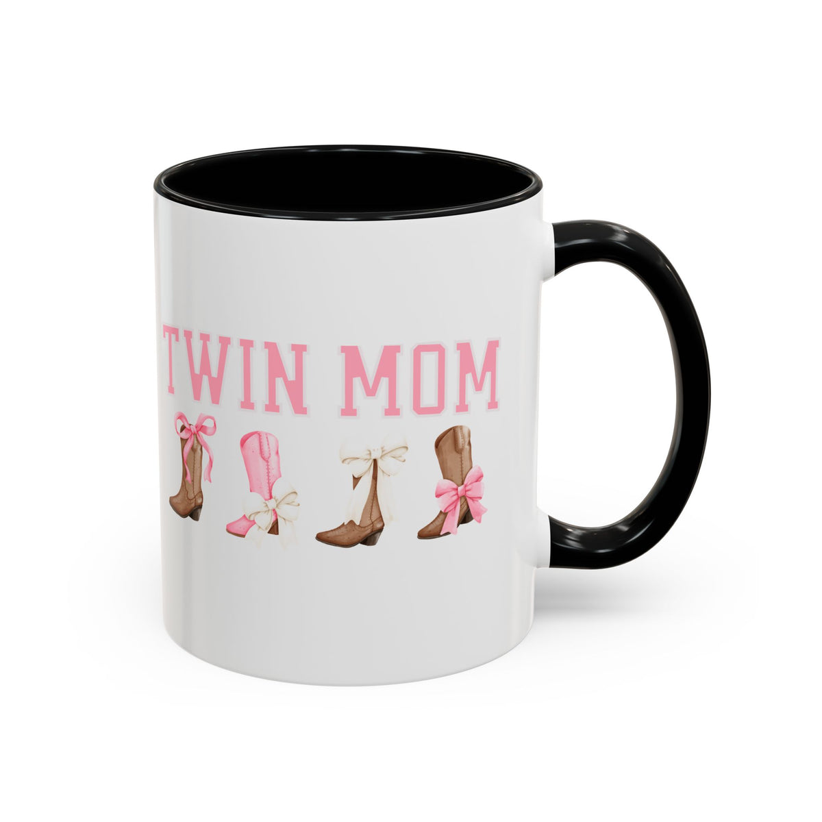 Twin Mom Letters Coffee Mug with Cowboy Boots and Bow – 11oz & 15oz Accent Mug – Cute Western Gift for Twin Moms