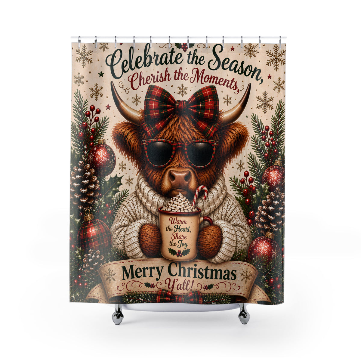 Highland Cow Christmas Shower Curtain Merry Christmas Hot Cocoa Plaid Bow Rustic Farmhouse Holiday Bathroom Decor
