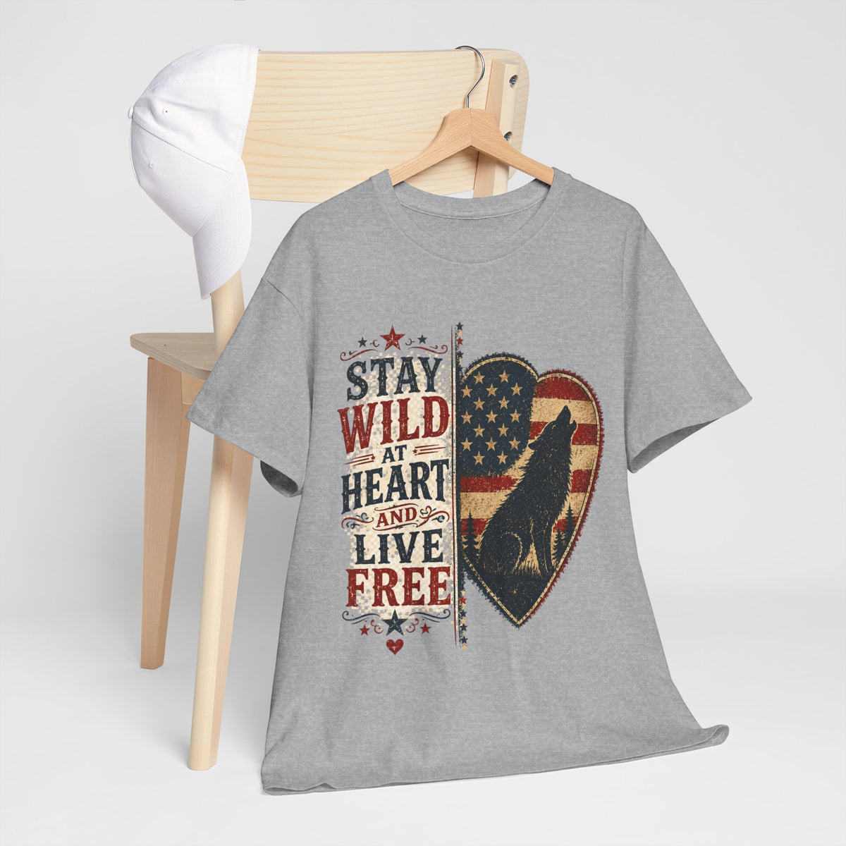 Stay Wild at Heart Live Free T-Shirt - Patriotic Wolf Heart Graphic