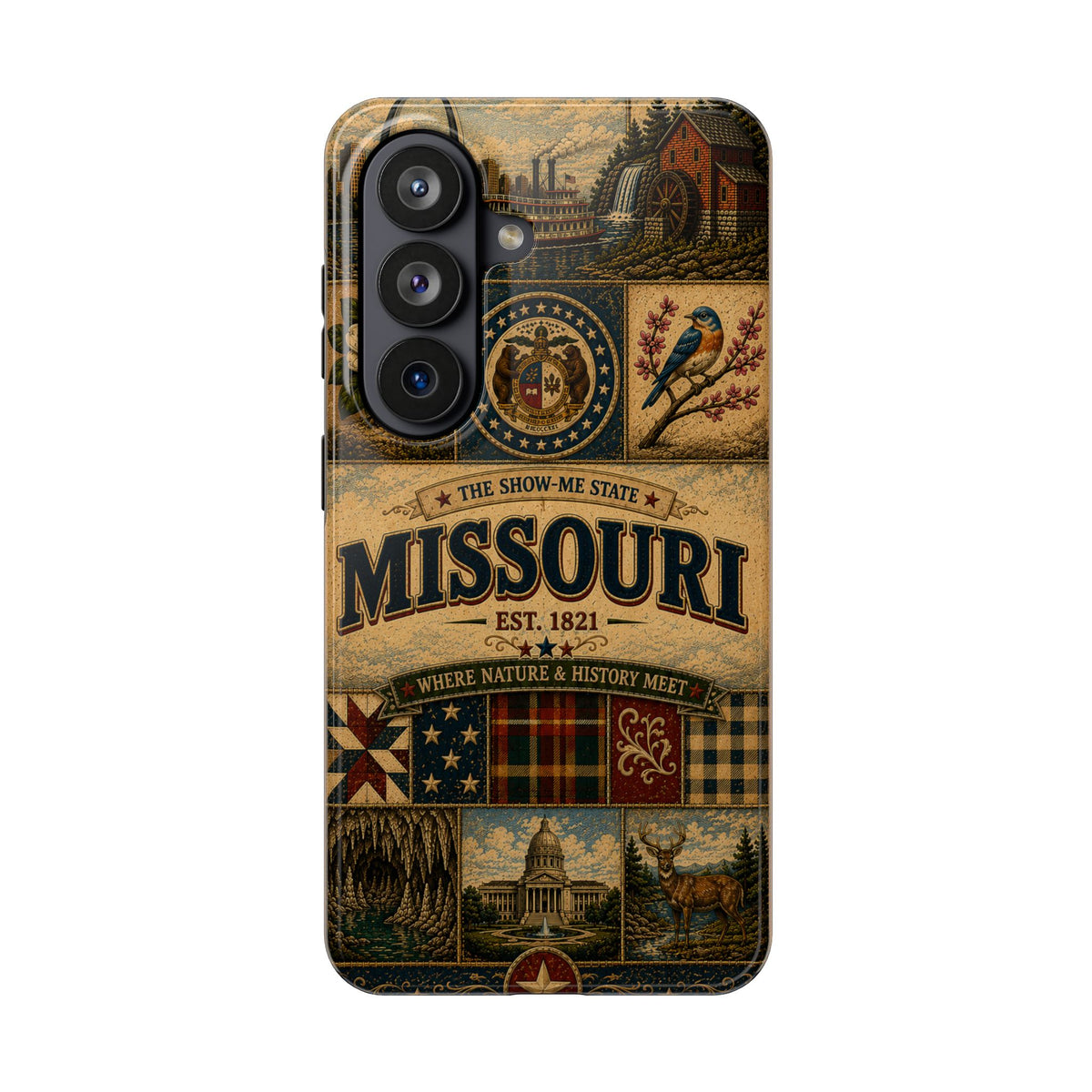 Missouri Show Me State Faux Patchwork Phone Case – Vintage Travel Poster Gateway Arch & Riverboat Cover for iPhone & Samsung