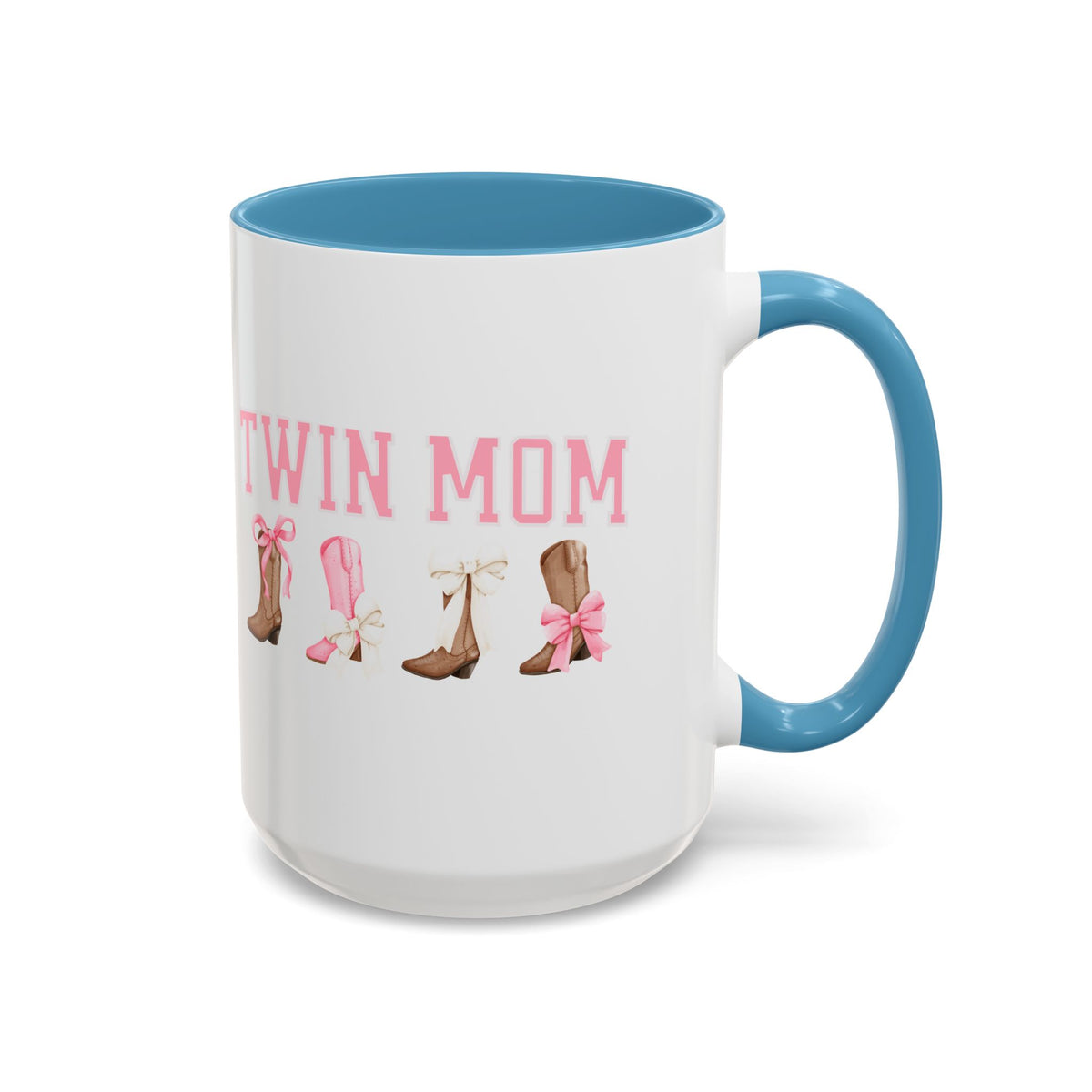 Twin Mom Letters Coffee Mug with Cowboy Boots and Bow – 11oz & 15oz Accent Mug – Cute Western Gift for Twin Moms