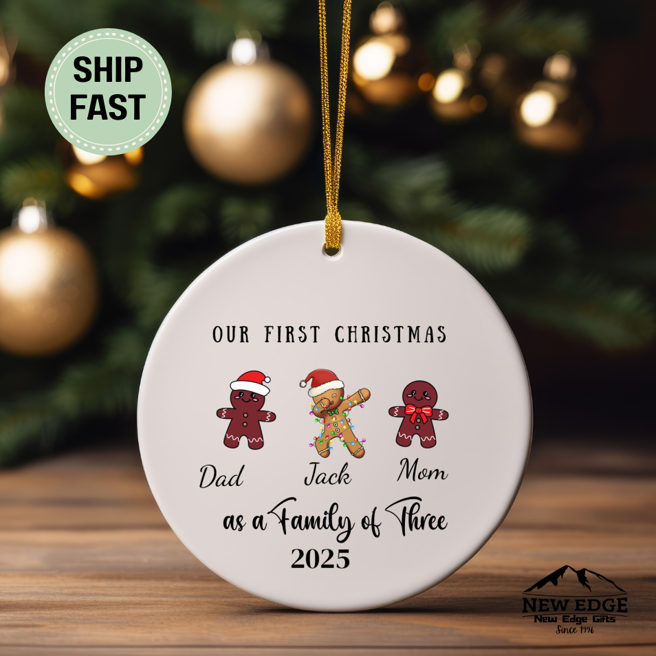 Personalized Family of Three Christmas Ceramic Ornament – Custom Holiday Keepsake