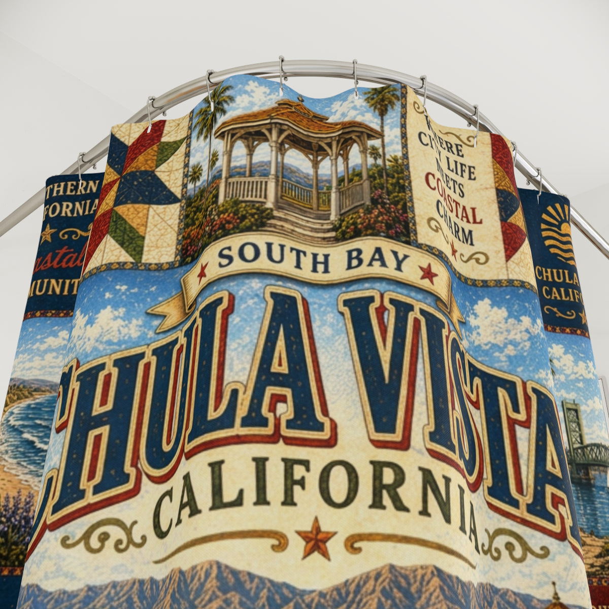 Chula Vista California Shower Curtain Coastal Charm Faux Patchwork South Bay City Landmark Bathroom Decor
