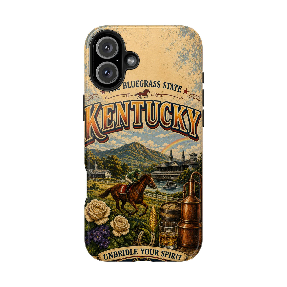 Kentucky Bluegrass State Faux Patchwork Phone Case – Vintage Travel Poster Style Kentucky Souvenir Cover for iPhone & Samsung