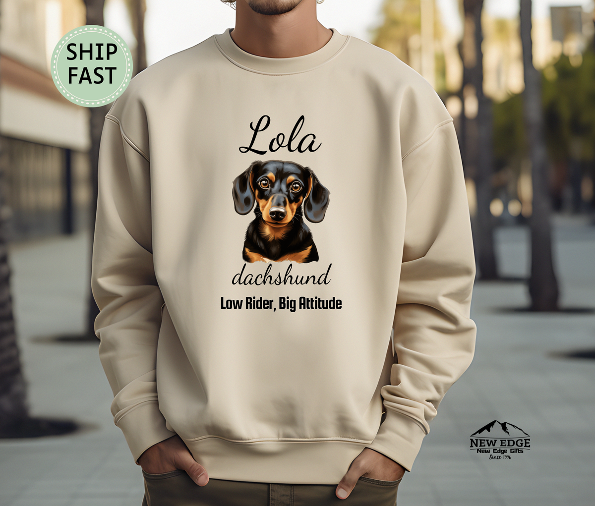 Dachshund “Low Rider, Big Attitude” Personalized Unisex Sweatshirt | Custom Dog Breed Gift for Dog Lovers