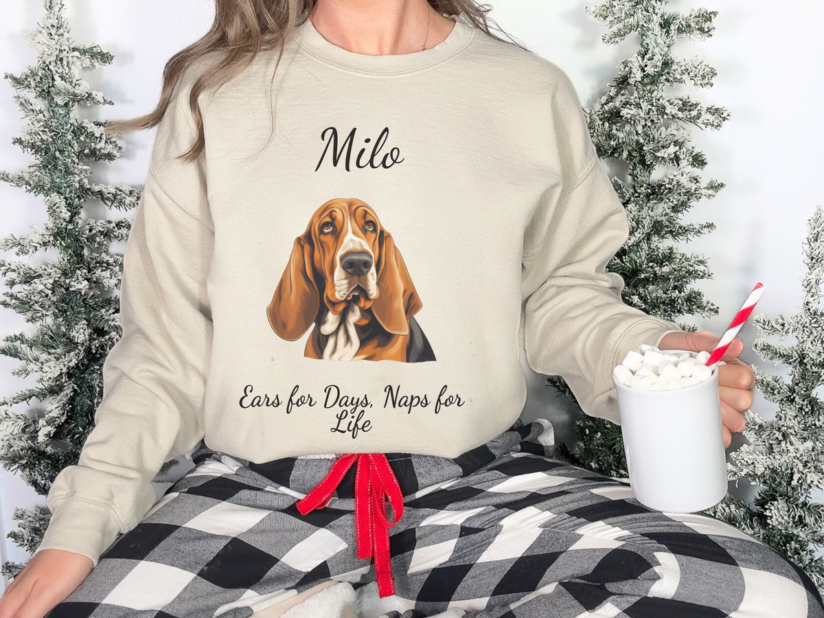 Personalized Basset Hound Sweatshirt – “Ears for Days, Naps for Life” | Unisex Christmas Gift for Dog Lovers, Pet Gift