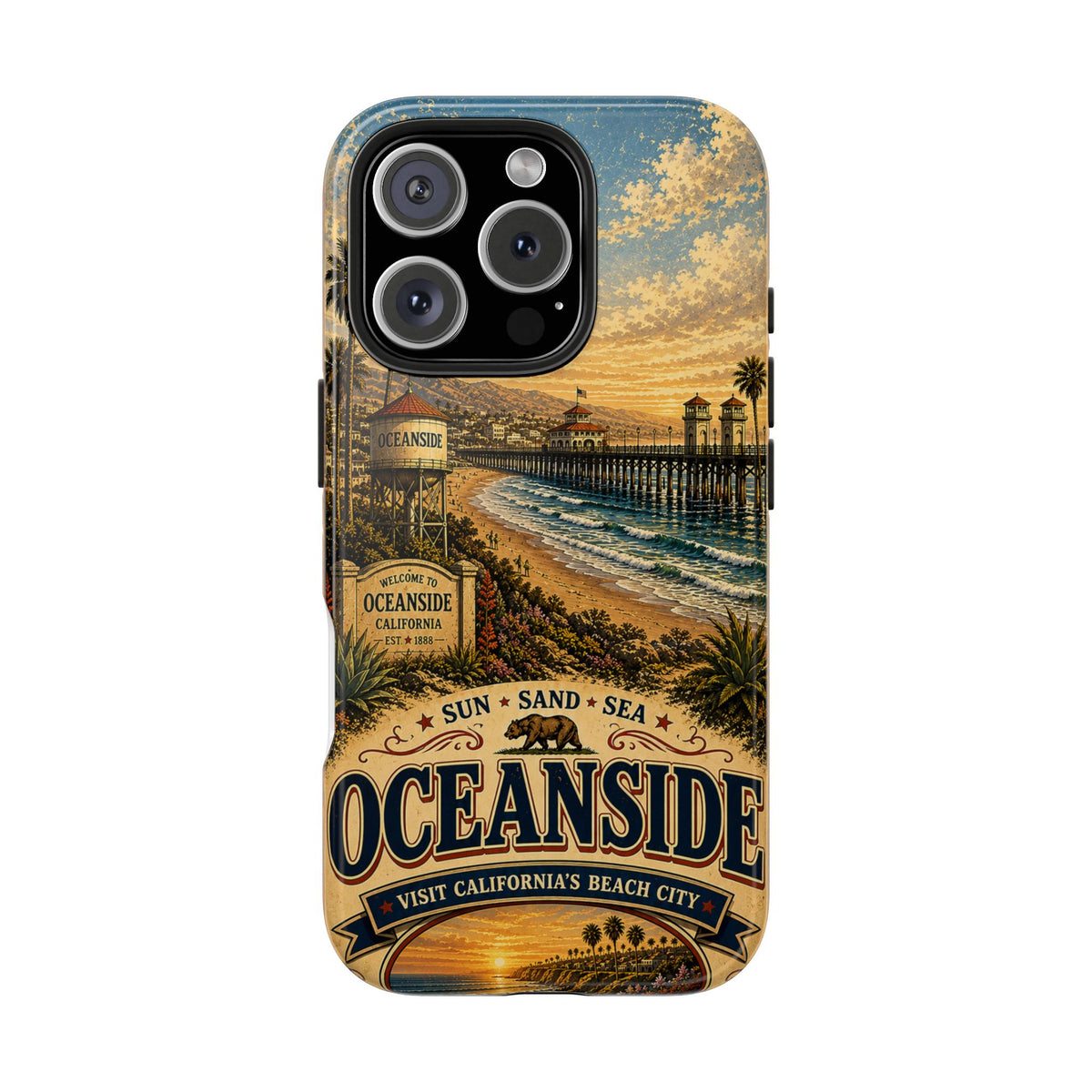 Oceanside Sunset Pier Faux Patchwork Phone Case – California Coastal Vintage Travel Art Beach Cover