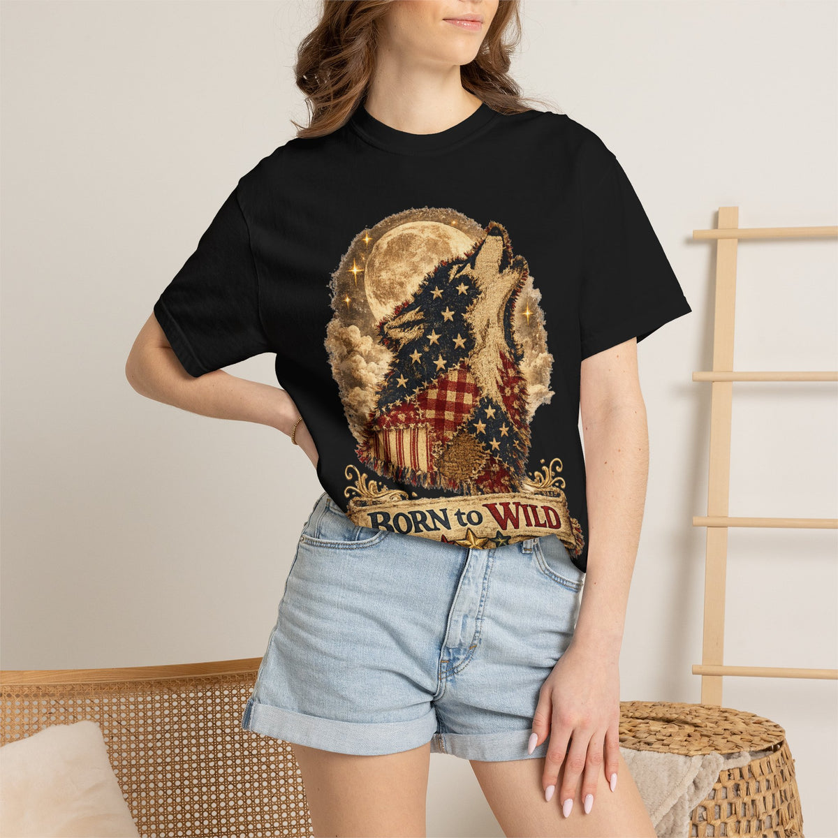 Born to Wild American Flag Wolf T-Shirt
