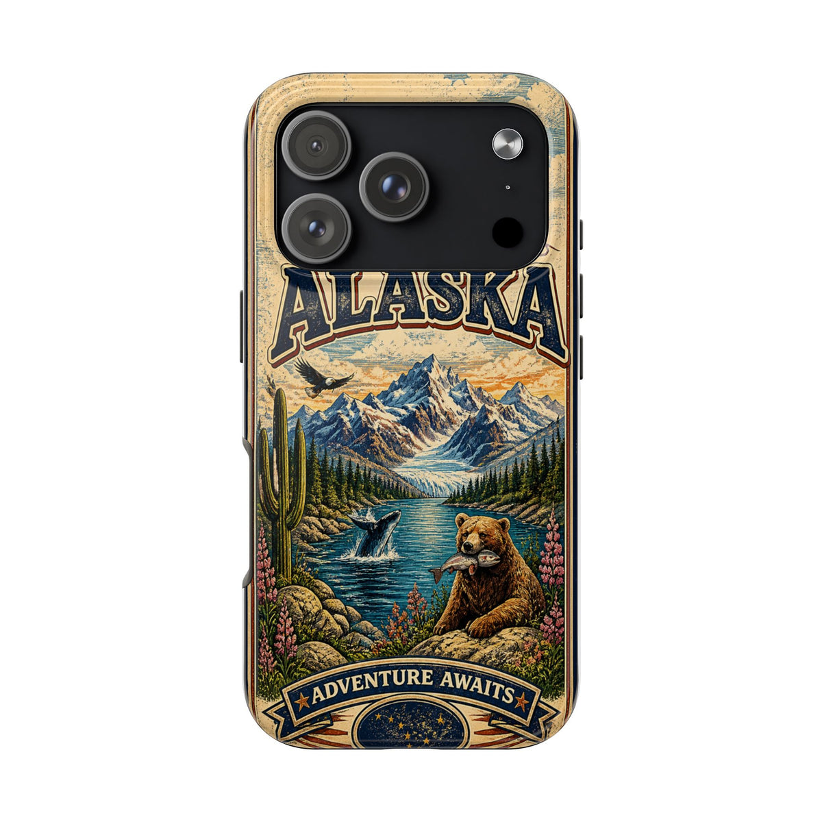 Alaska Faux Vintage Phone Case The Last Frontier Retro Travel Poster Style Adventure Awaits Wildlife iPhone Samsung Case