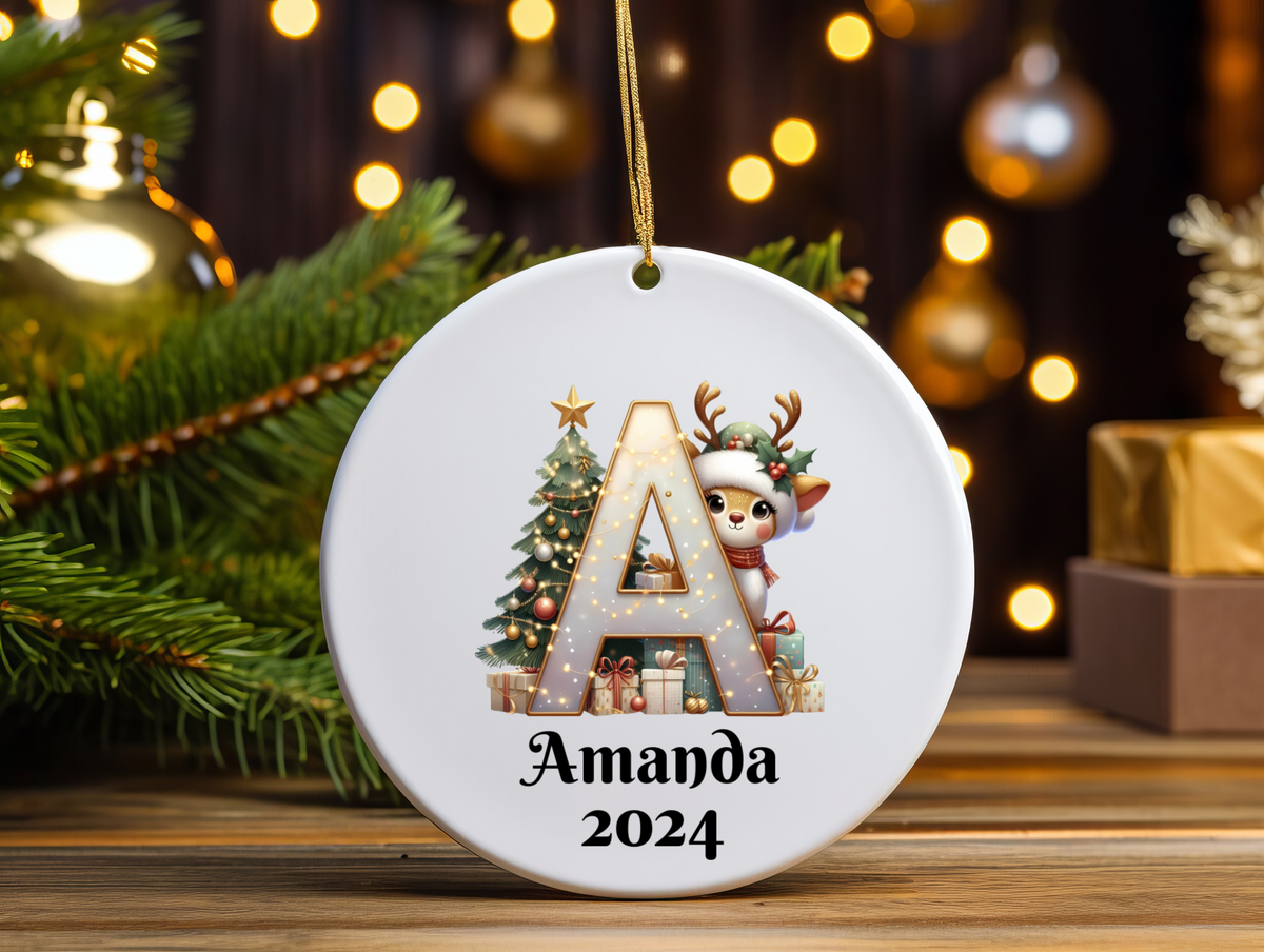 Family Christmas Ornament 2025 – Personalized Letter Monogram, Custom Name Keepsake, Holiday Decoration Gift