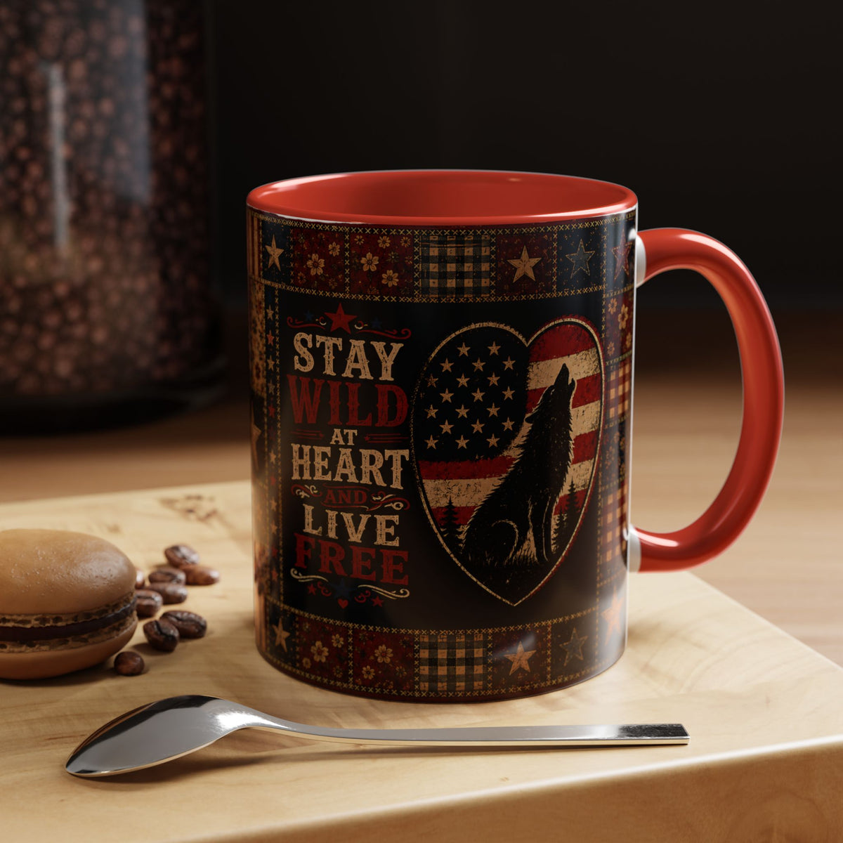 Patriotic Wolf Coffee Mug - "Stay Wild at Heart, Live Free" Accent Mug