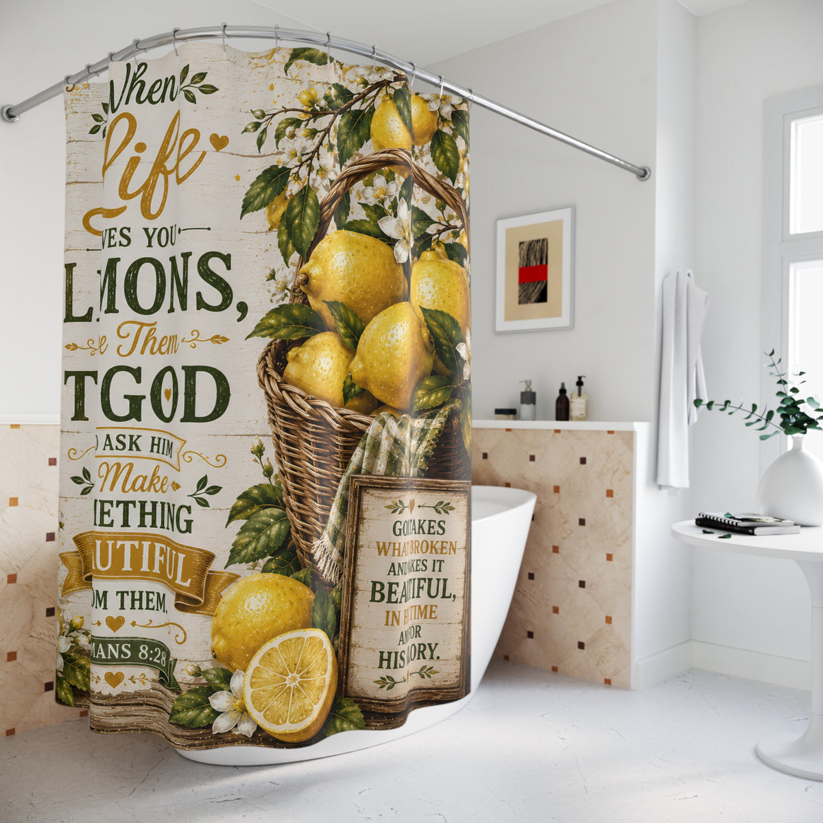 Lemon Christian Shower Curtain When Life Gives You Lemons Give Them to God Romans 8 28 Farmhouse Faith Decor