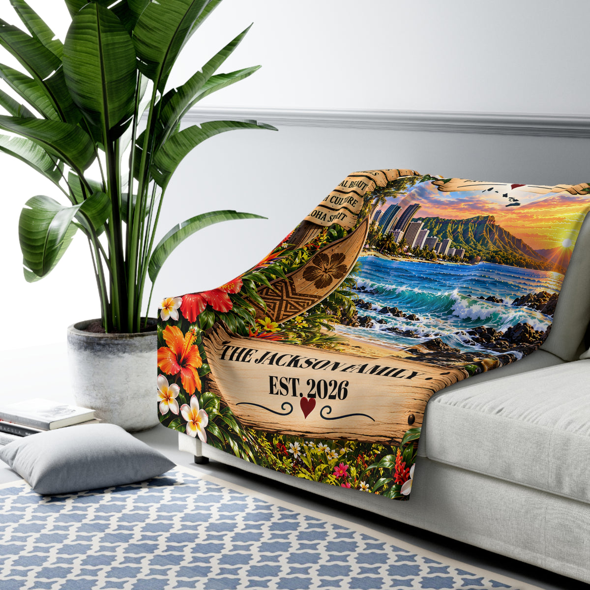 Hawaii Personalized Sherpa Fleece Blanket, Aloha State Tropical Island Volcano Waterfall Custom Family Name