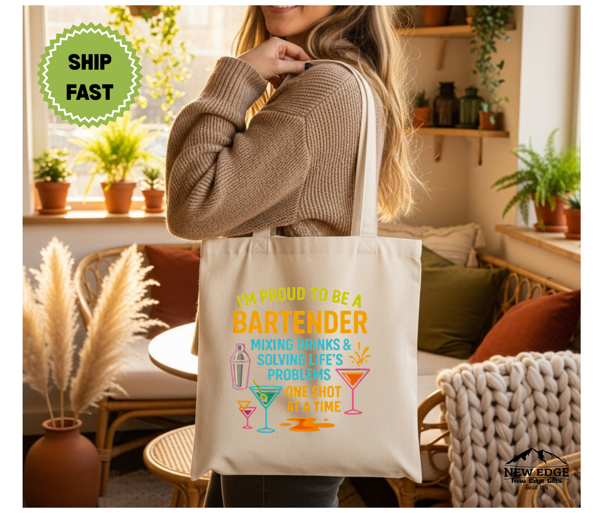 Proud to Be a Bartender Cotton Canvas Tote Bag – “Mixing Memories, One Drink at a Time” | Funny Bartender Gift, Cocktail Lover Bag, Reusable Work Tote