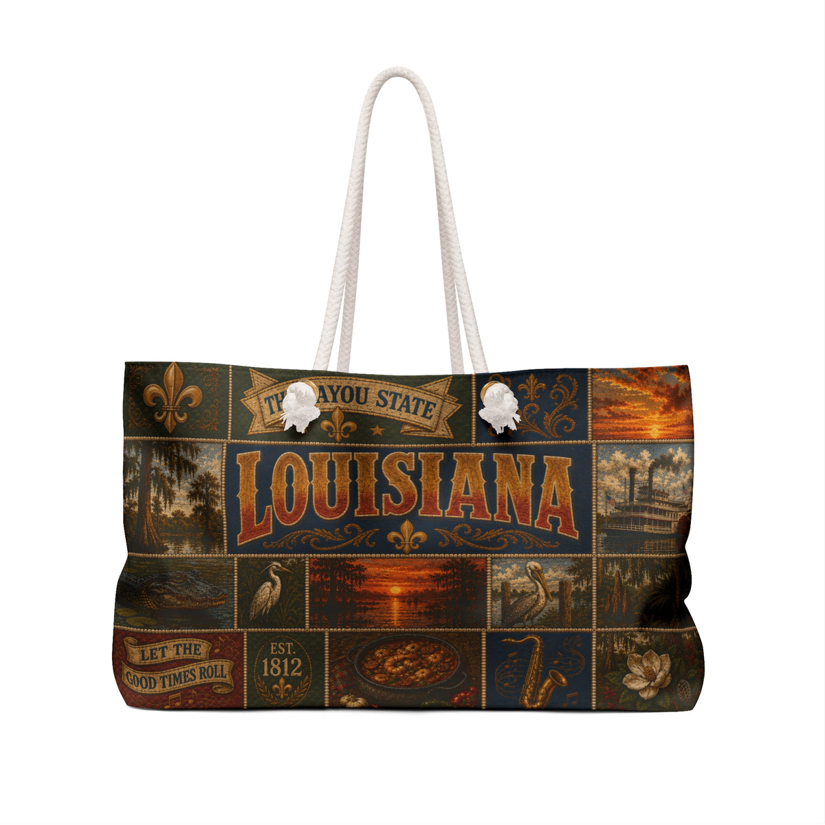 Louisiana Weekender Bag Bayou State Faux Patchwork Travel Tote Let the Good Times Roll Vintage Louisiana Souvenir Gift