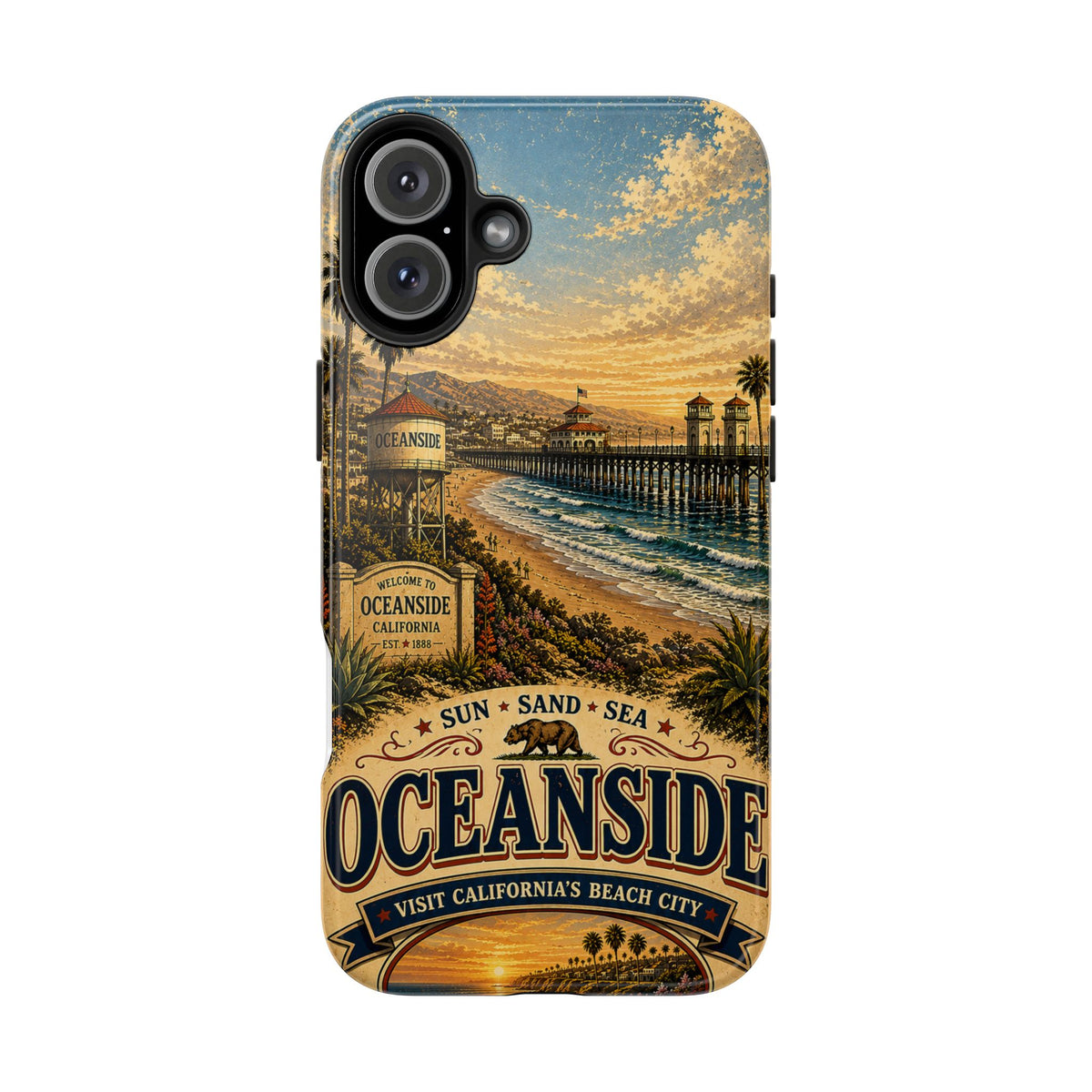 Oceanside Sunset Pier Faux Patchwork Phone Case – California Coastal Vintage Travel Art Beach Cover