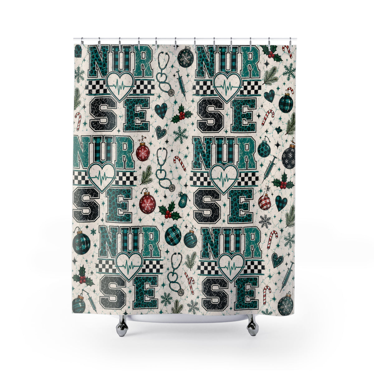 Christmas Nurse Shower Curtain Faux Patchwork Stethoscope Heartbeat Teal Plaid Nursing Holiday Bathroom Decor Nurse Gift