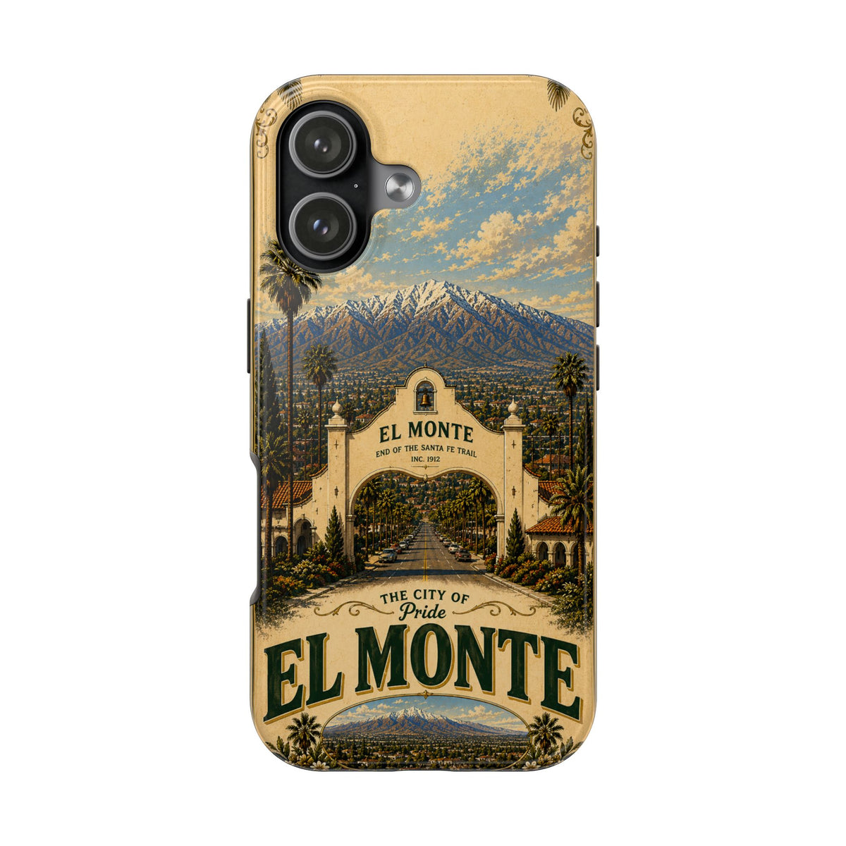El Monte Faux Patchwork Phone Case – Santa Fe Trail Historic Archway Retro Travel Cover for iPhone 17 Samsung S26