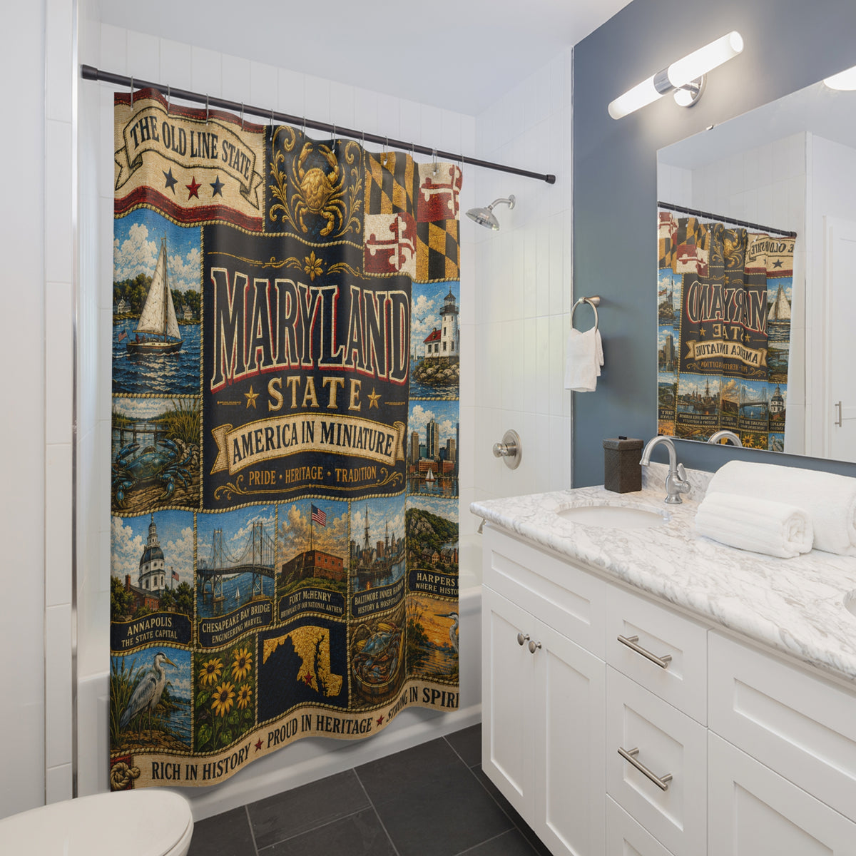 Maryland Shower Curtain, Chesapeake Bay Decor, Old Line State Faux Patchwork, Coastal Landmark Bathroom Decor