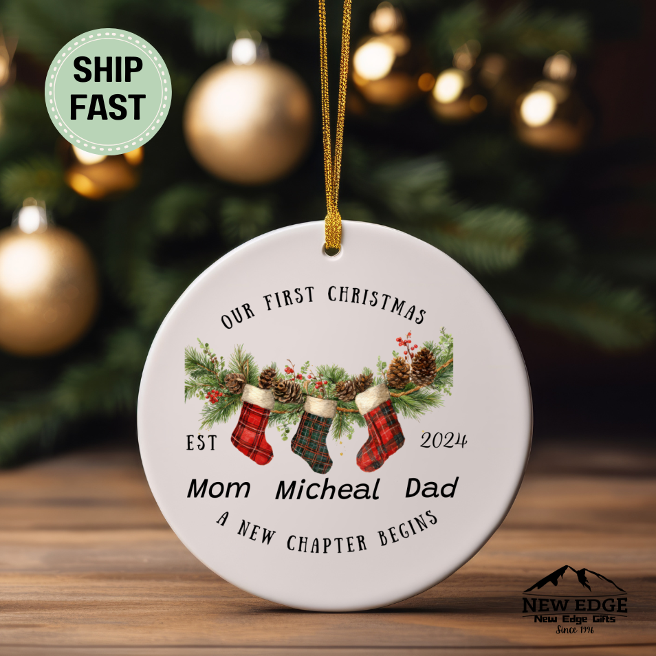 Our First Christmas Ornament EST 2024 – Family of Three Personalized Ornament – Mom, Dad & Child Keepsake – A New Chapter Begins