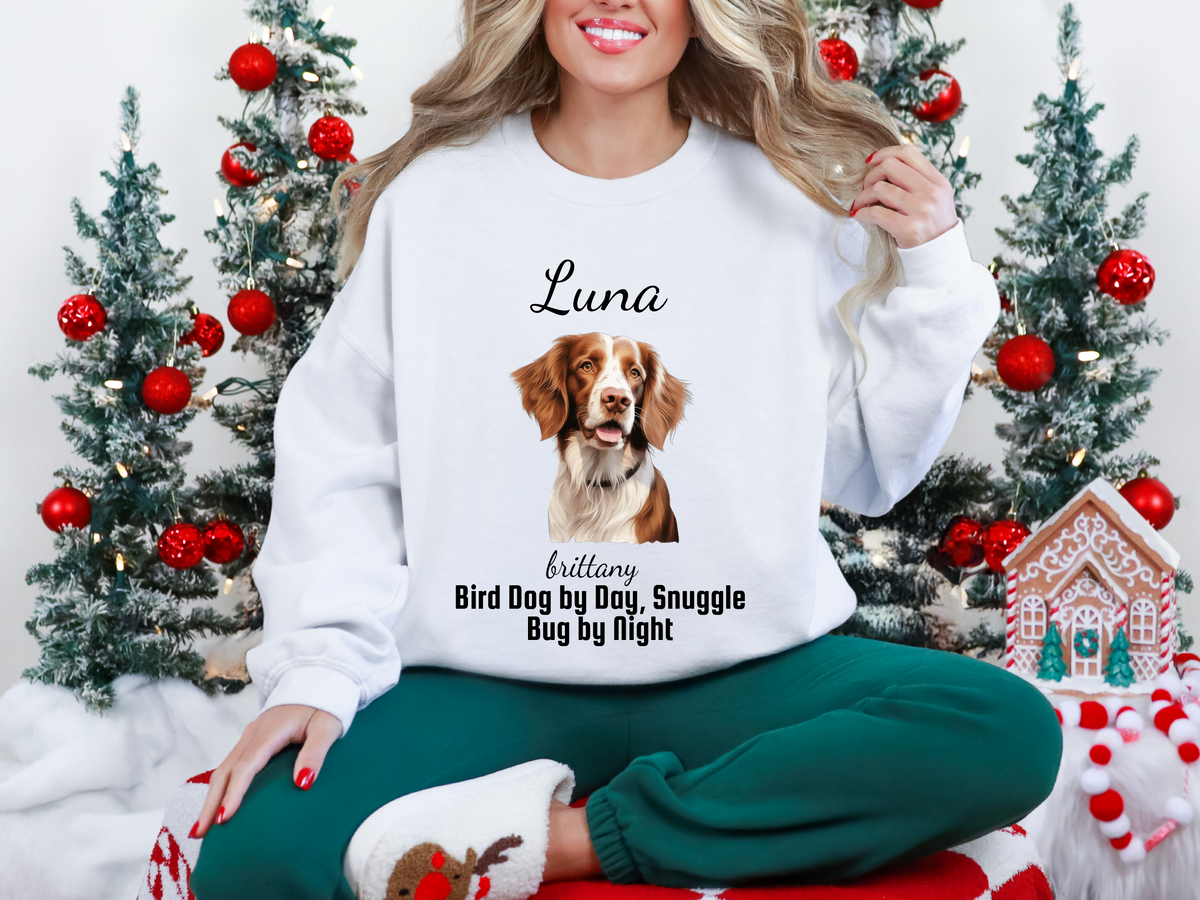 Personalized Brittany Dog Sweatshirt – “Bird Dog by Day, Snuggle Bug by Night” | Custom Unisex Christmas Gift, Funny Dog Lover Sweatshirt, Pet Gift for Him or Her