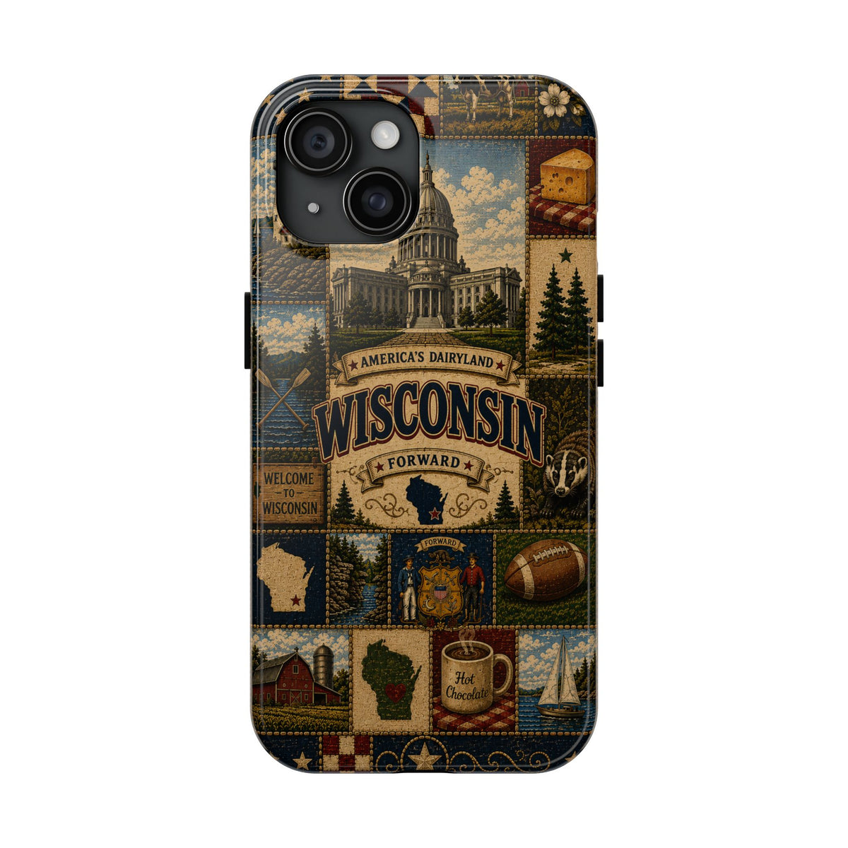 Wisconsin Faux Patchwork Phone Case Americas Dairyland Retro Barn Lighthouse Forward State Pride Cover