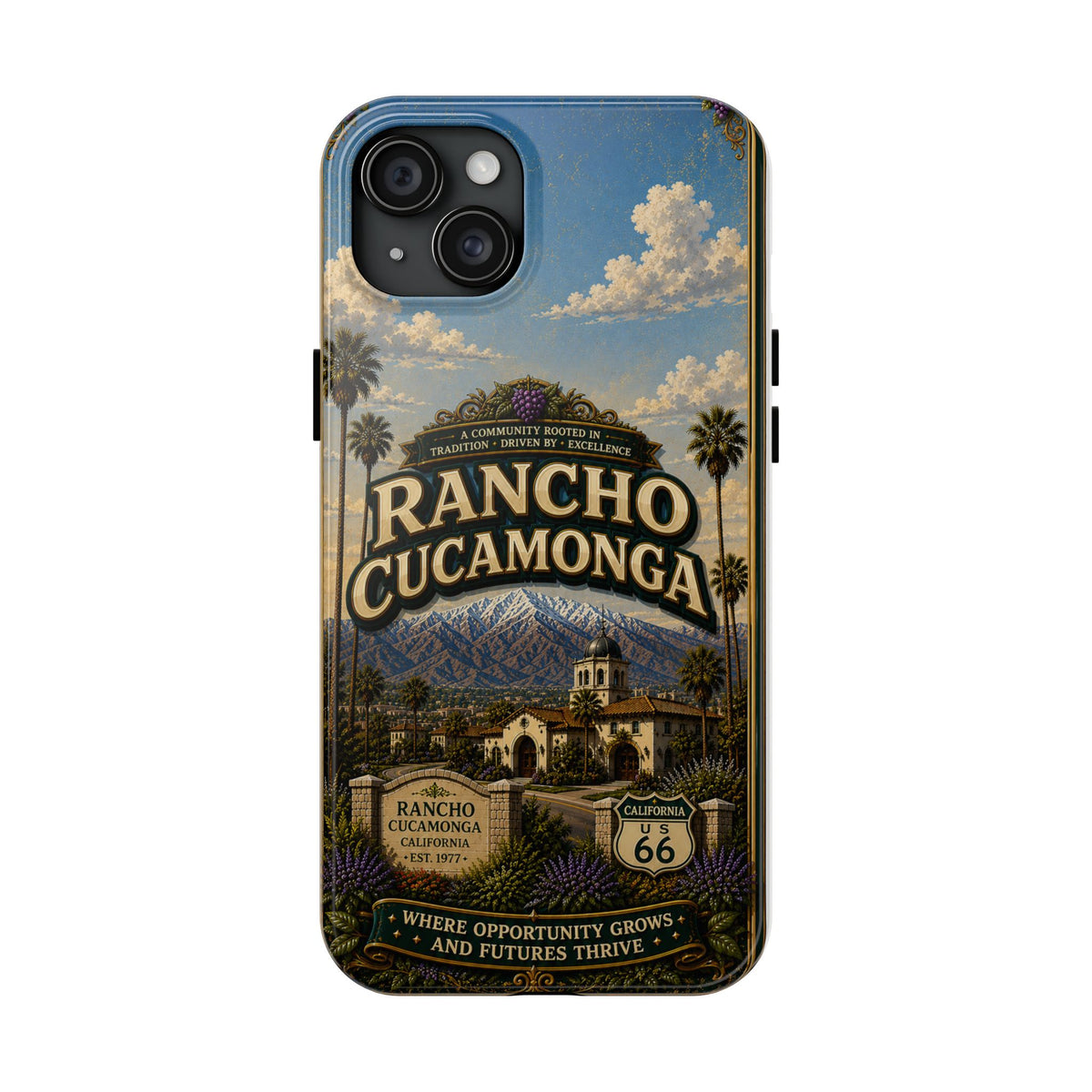 Rancho Cucamonga Where Opportunity Grows Faux Patchwork Phone Case – Route 66 Vintage Travel Art Cover