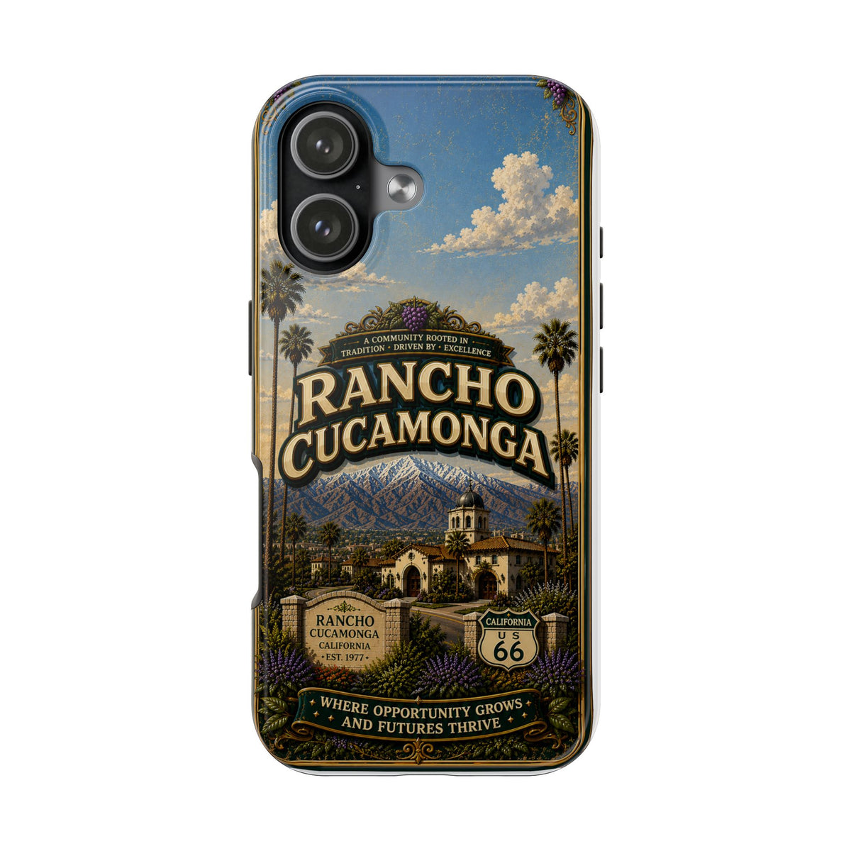 Rancho Cucamonga Where Opportunity Grows Faux Patchwork Phone Case – Route 66 Vintage Travel Art Cover