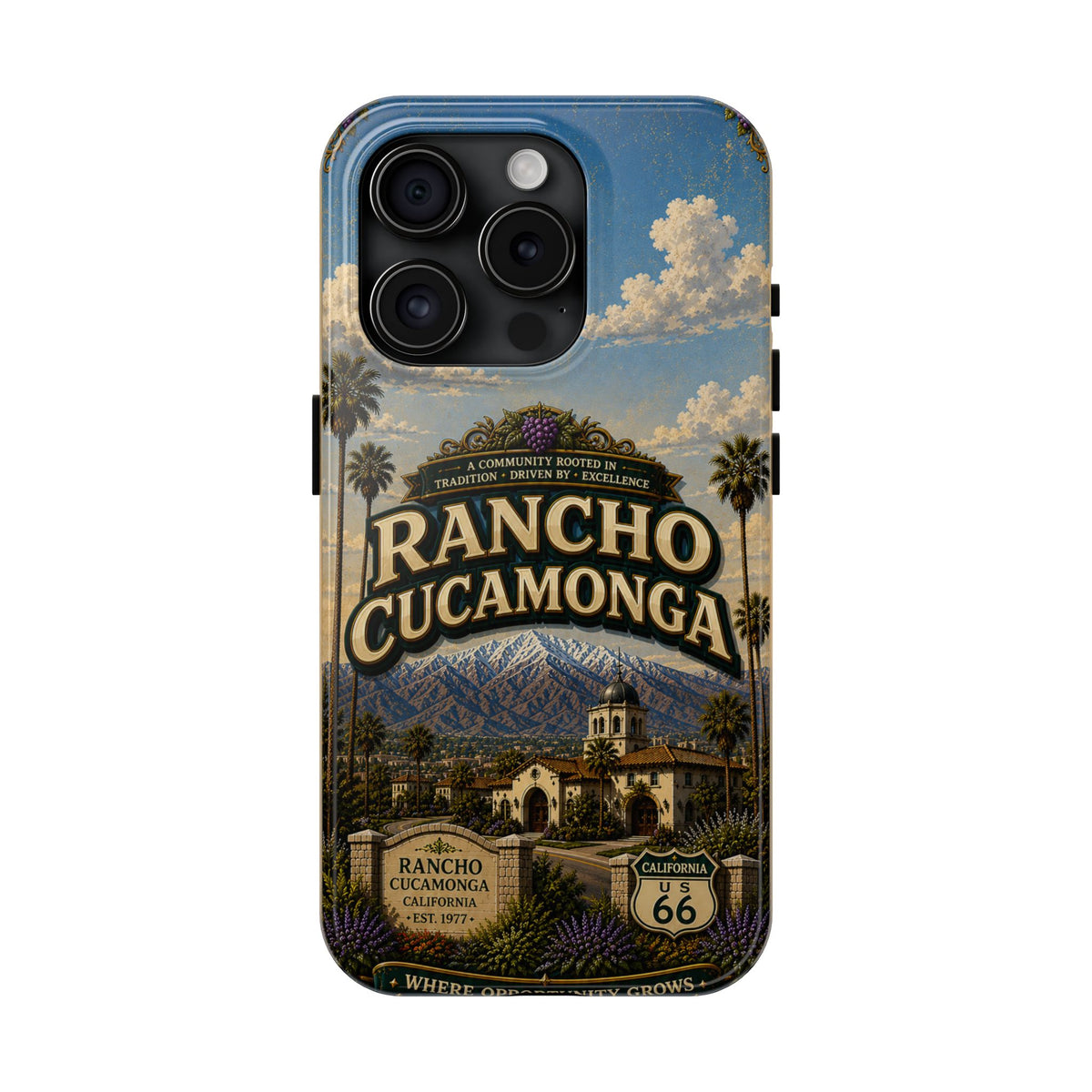 Rancho Cucamonga Where Opportunity Grows Faux Patchwork Phone Case – Route 66 Vintage Travel Art Cover