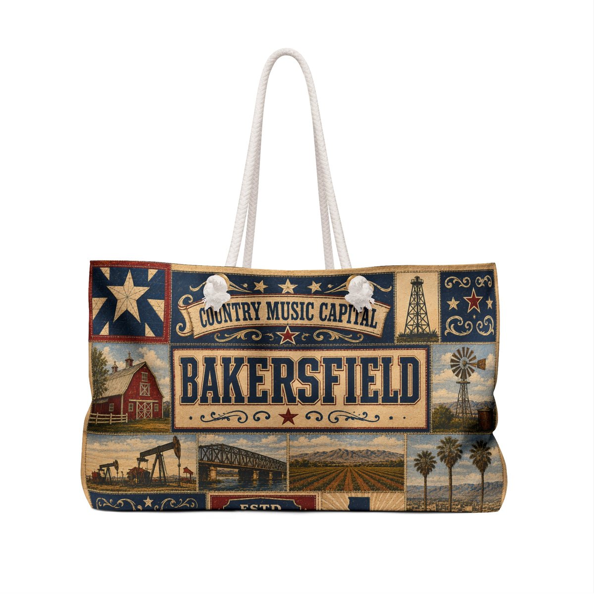 Bakersfield California Weekender Bag Country Music Capital Faux Patchwork Travel Tote Rustic Western Vintage Getaway Gift