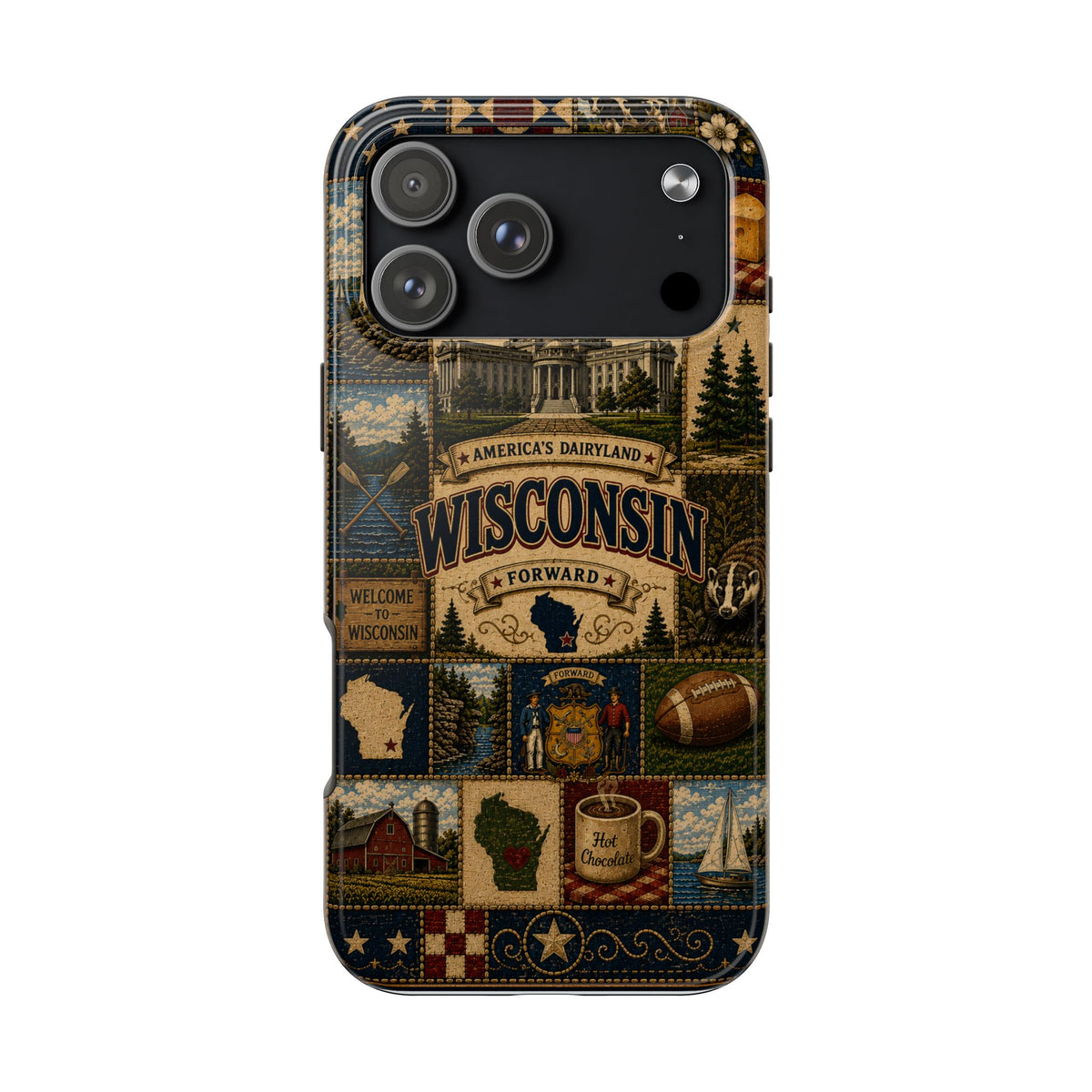 Wisconsin Faux Patchwork Phone Case Americas Dairyland Retro Barn Lighthouse Forward State Pride Cover