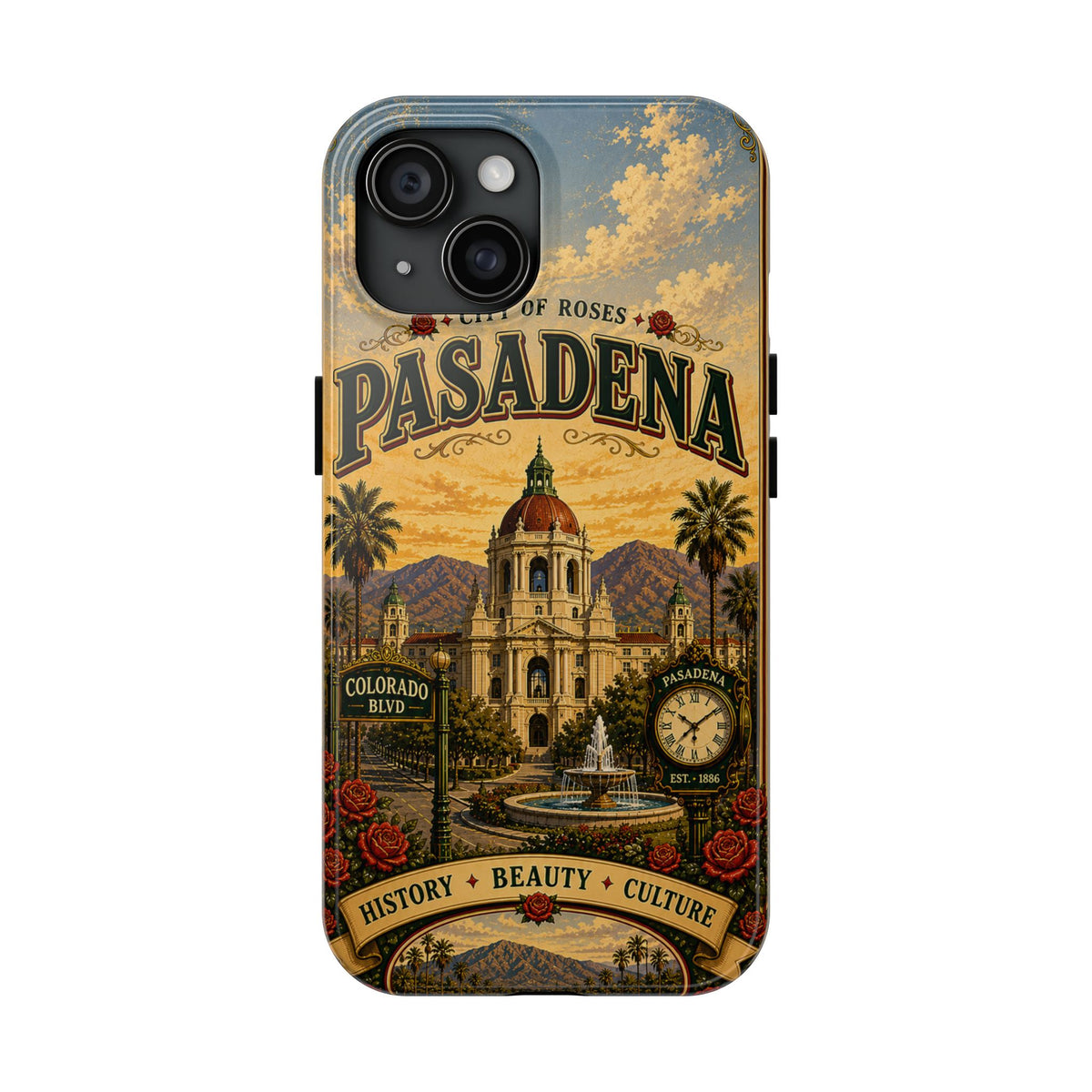 Pasadena City of Roses Faux Patchwork Phone Case – Vintage California Landmark Travel Art Cover