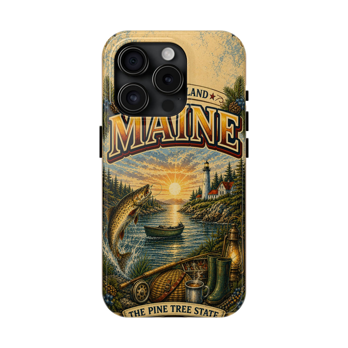 Maine Vacationland Faux Patchwork Phone Case – Vintage Travel Poster Style Coastal Maine Souvenir Cover for iPhone & Samsung