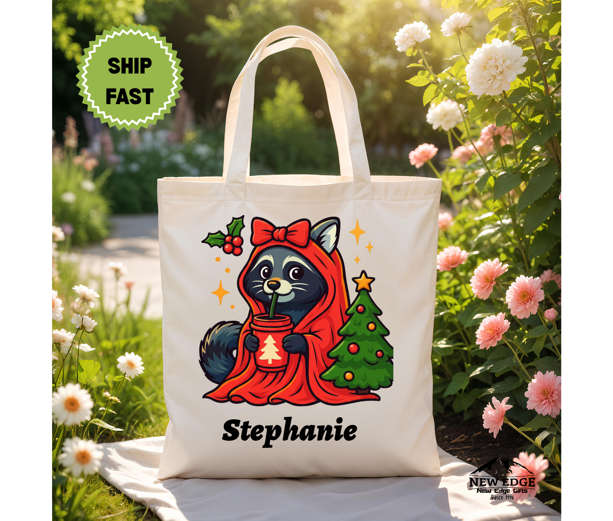 Personalized Christmas Tote Bag – Cute Raccoon in Orange Hooded Robe with Bow by Christmas Tree, Cotton Canvas Shopping Bag