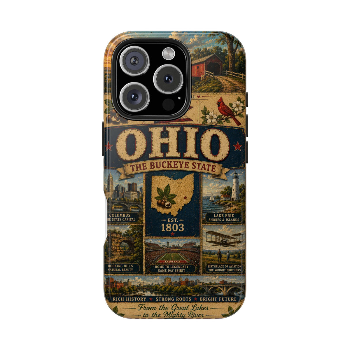 Ohio Faux Patchwork Phone Case Buckeye State Vintage Travel Poster Retro State Pride Cover Est 1803 for iPhone & Samsung