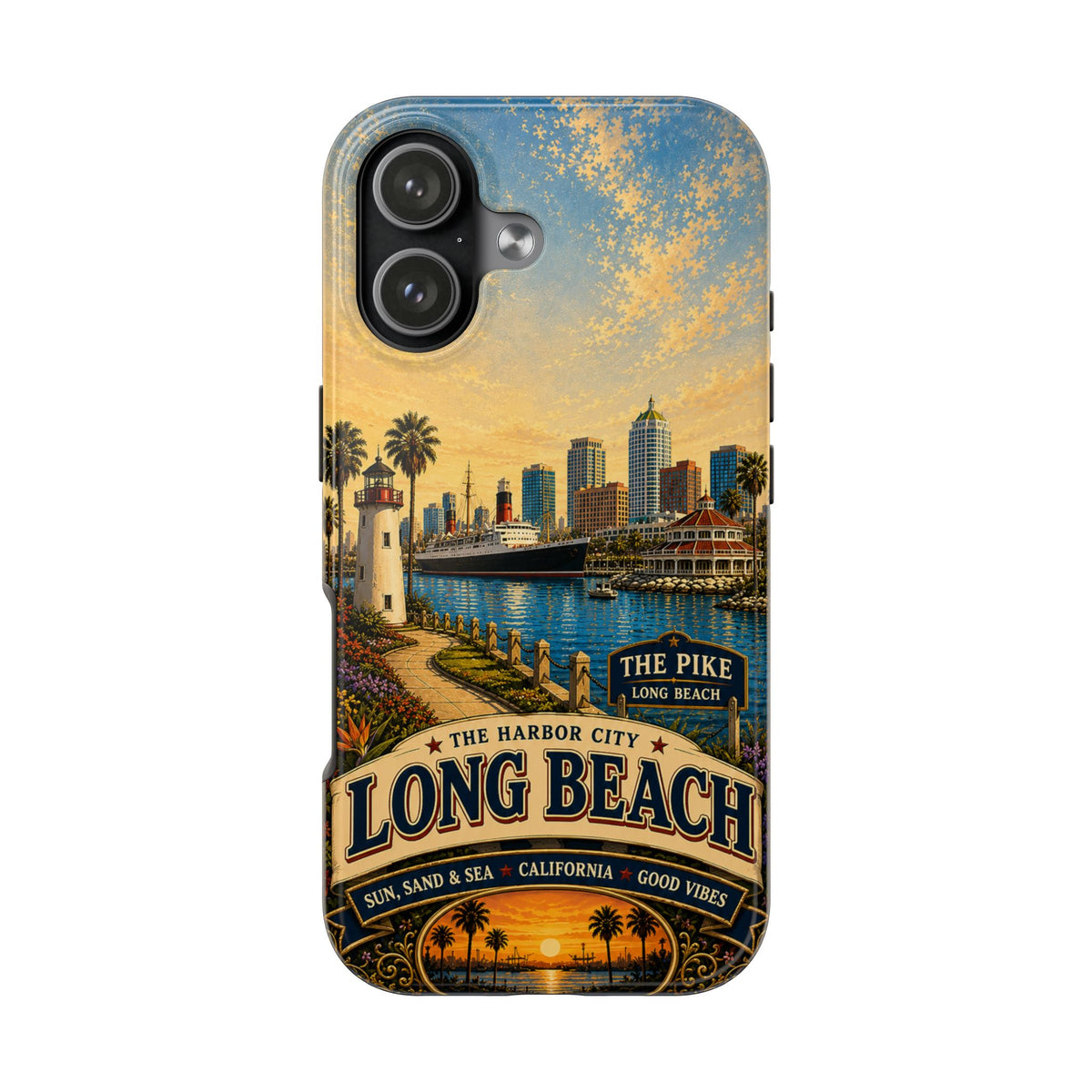 Long Beach Faux Patchwork Phone Case – Harbor City Coastal Retro Art, California Sunset Waterfront Cover