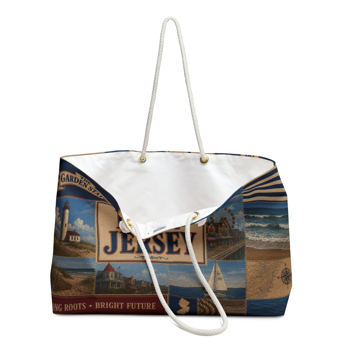 New Jersey Weekender Bag Garden State Faux Patchwork Travel Tote Jersey Shore Coastal Beach Vacation Souvenir Gift