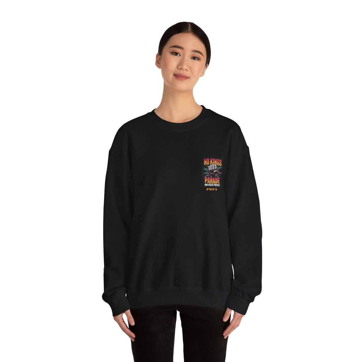 No Kings Parade” Sweatshirt – Upright Fist Graphic & Peaceful Protest Quote, Unisex Front & Back Print for Justice & Nonviolence