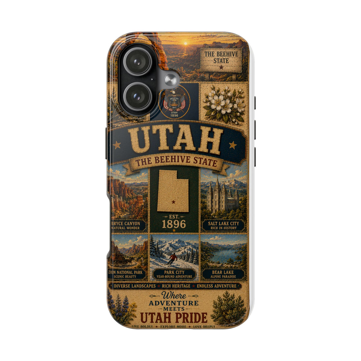 Utah Faux Patchwork Phone Case The Beehive State Vintage Travel Poster Retro State Pride Cover Est 1896