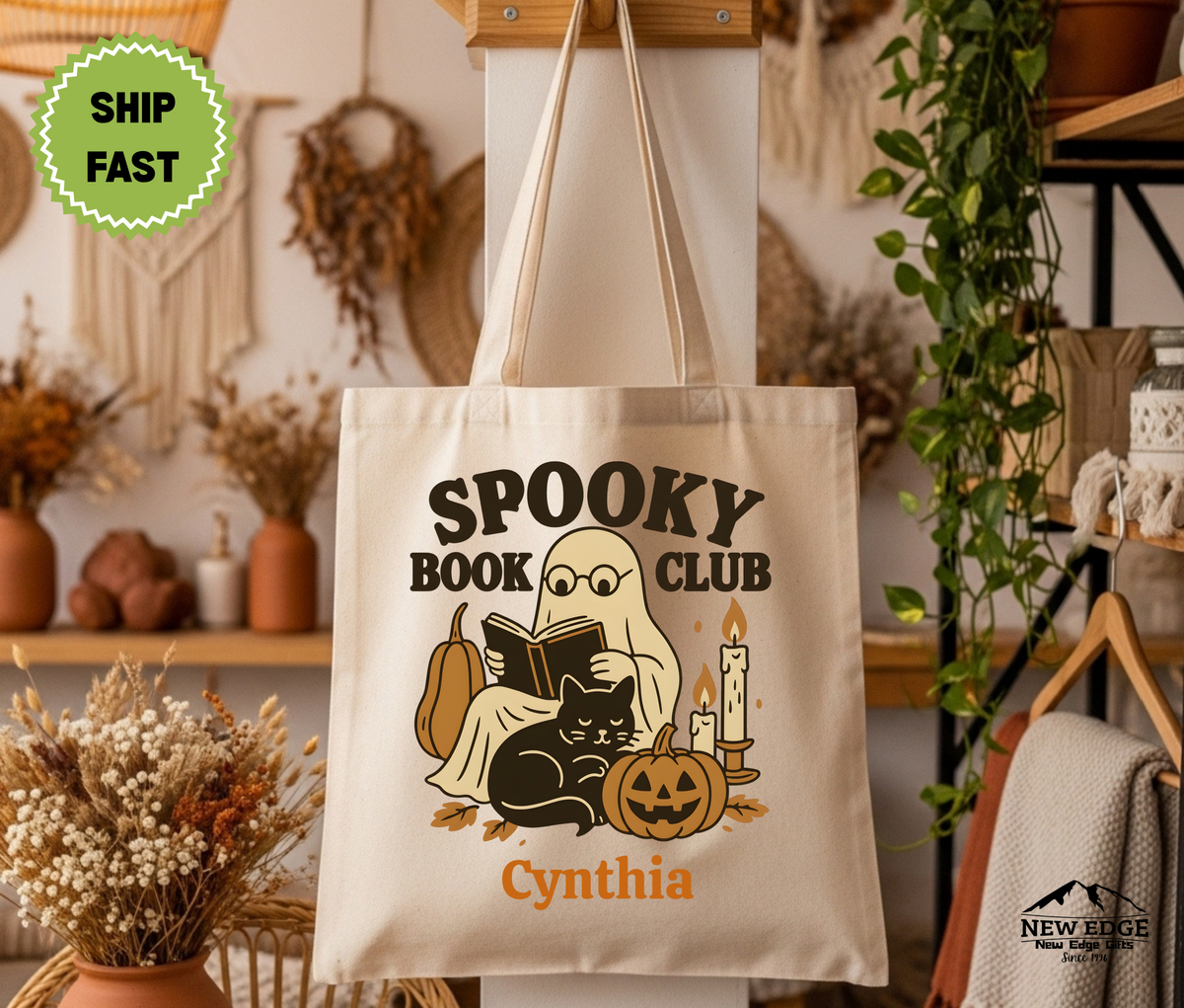Personalized Halloween Tote Bag – Ghost Reading with Black Cat & Pumpkin, “Spooky Book Club” Slogan, Cotton Canvas Bag