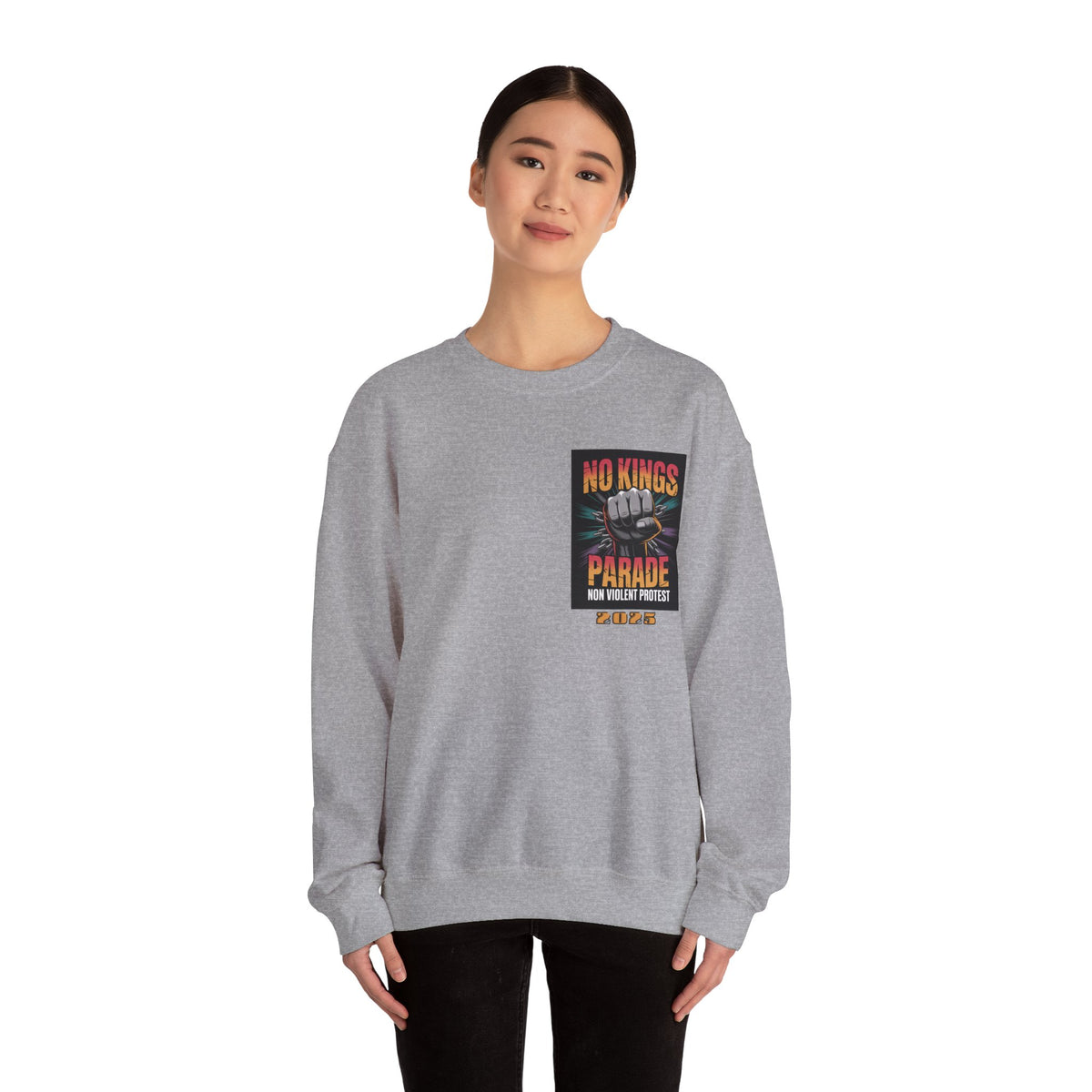 No Kings Parade” Sweatshirt – Upright Fist Graphic & Peaceful Protest Quote, Unisex Front & Back Print for Justice & Nonviolence