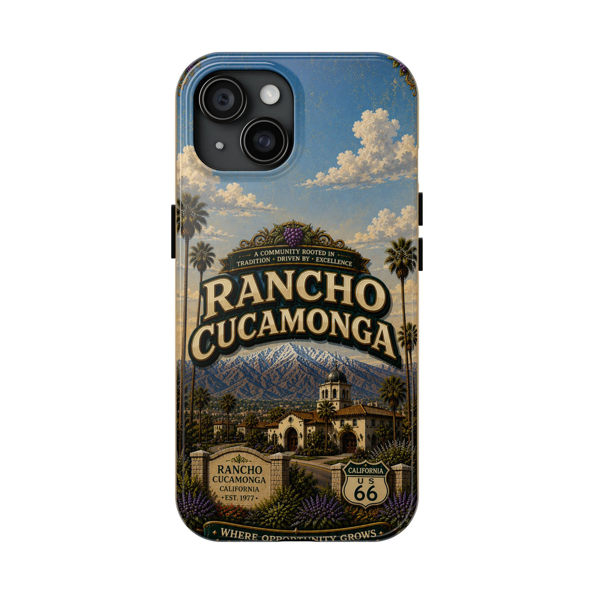 Rancho Cucamonga Where Opportunity Grows Faux Patchwork Phone Case – Route 66 Vintage Travel Art Cover